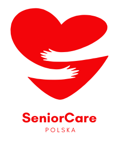 Logo SeniorCare Polska. Czerwone serce, które otulają dwie białe dłonie.
